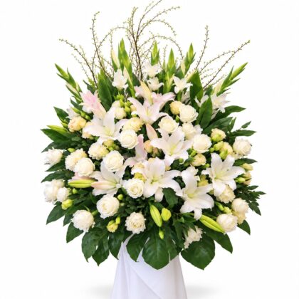 PF0001-Elegant White Lily & Rose Sympathy Standing Spray