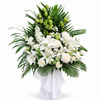 PF0006-White Lily & Rose Funeral Spray with Palm Fronds